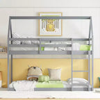 Bellemave Lit Superposé Jumeau sur Jumeau de type Maison avec Échelle et Barrières de Sécurité, Cadre de Lit Superposé en Bois d'Hévéa pour Enfants
