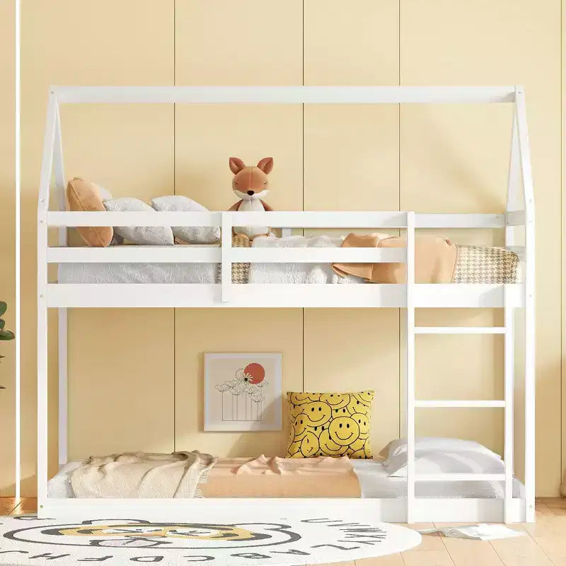 Bellemave Lit Superposé Jumeau sur Jumeau de type Maison avec Échelle et Barrières de Sécurité, Cadre de Lit Superposé en Bois d'Hévéa pour Enfants