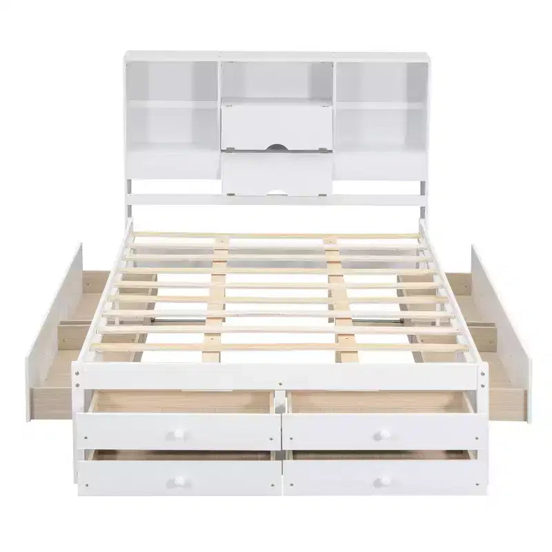 Lit plateforme queen/king size en bois de pin avec tête de lit de rangement et 8 tiroirs - ModernLuxe