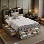 Lit plateforme queen/king size en bois de pin avec tête de lit de rangement et 8 tiroirs - ModernLuxe
