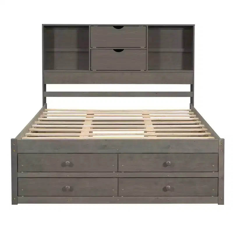 Lit plateforme queen/king size en bois de pin avec tête de lit de rangement et 8 tiroirs - ModernLuxe