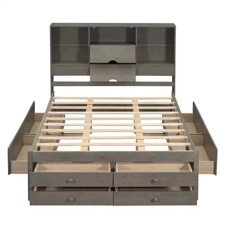 Lit plateforme queen/king size en bois de pin avec tête de lit de rangement et 8 tiroirs - ModernLuxe