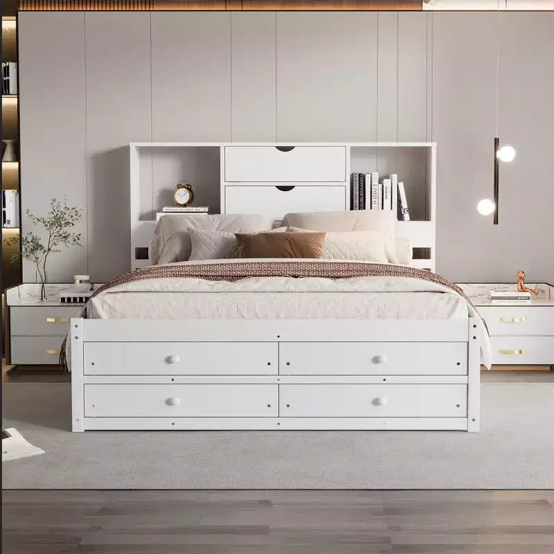 Lit plateforme queen/king size en bois de pin avec tête de lit de rangement et 8 tiroirs - ModernLuxe