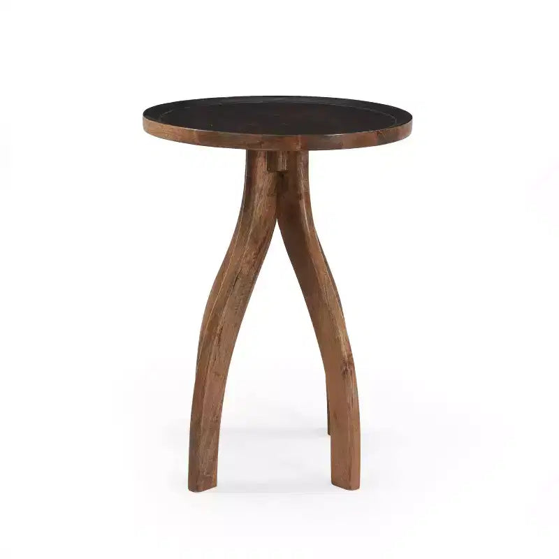 MAYEERTY Table d'appoint élégante en bois de manguier de style bohème, table basse à plateau incurvé avec rebords et tons terreux pour le salon