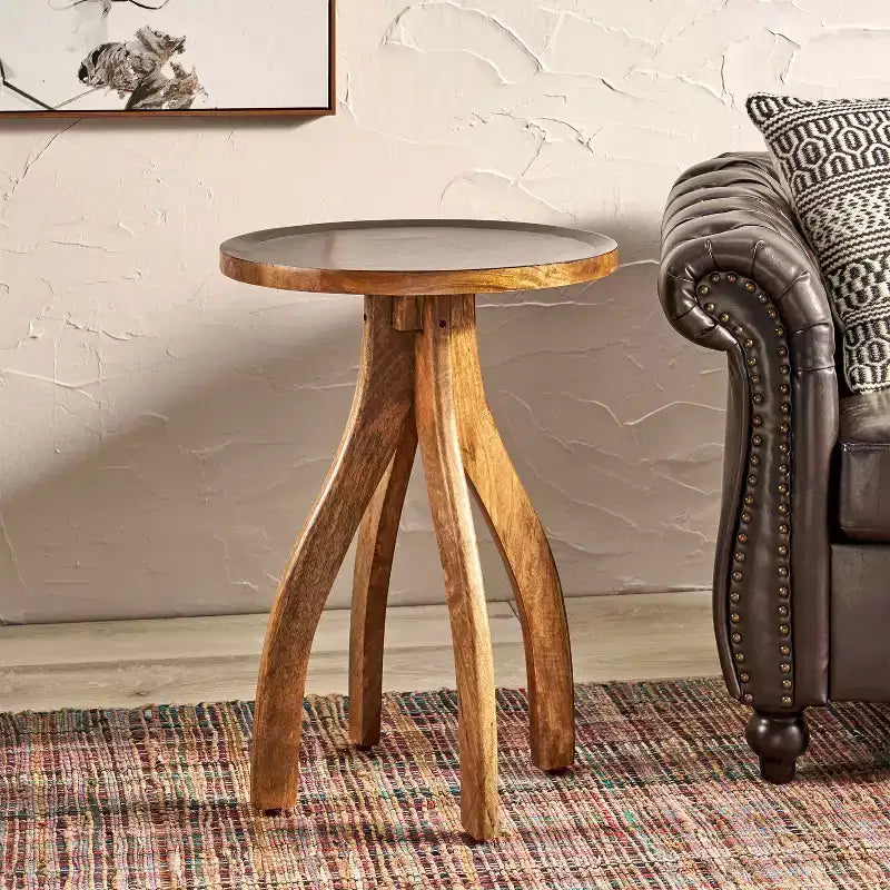 MAYEERTY Table d'appoint élégante en bois de manguier de style bohème, table basse à plateau incurvé avec rebords et tons terreux pour le salon