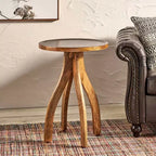 MAYEERTY Table d'appoint élégante en bois de manguier de style bohème, table basse à plateau incurvé avec rebords et tons terreux pour le salon