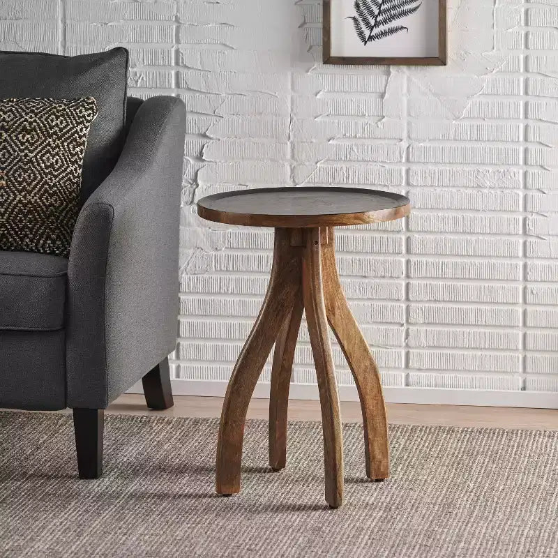 MAYEERTY Table d'appoint élégante en bois de manguier de style bohème, table basse à plateau incurvé avec rebords et tons terreux pour le salon