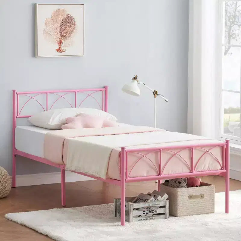 COZONY Cadre de lit double 14 pouces avec tête de lit/pied de lit, lit plateforme rose avec rangement sous le lit