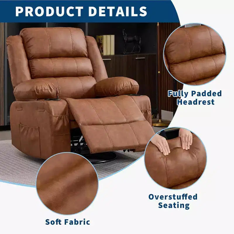 Fauteuil inclinable pivotant à 360° pour adultes, canapé-planeur manuel à bascule avec 3 positions, 2 porte-gobelets, 4 poches pour salon, chambre à coucher