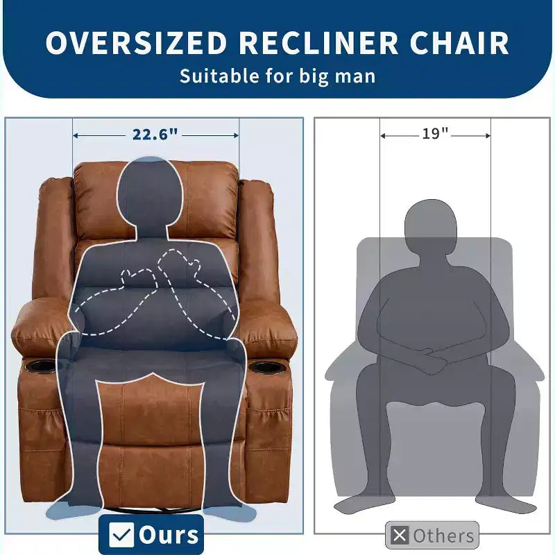 Fauteuil inclinable pivotant à 360° pour adultes, canapé-planeur manuel à bascule avec 3 positions, 2 porte-gobelets, 4 poches pour salon, chambre à coucher