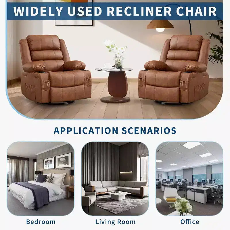 Fauteuil inclinable pivotant à 360° pour adultes, canapé-planeur manuel à bascule avec 3 positions, 2 porte-gobelets, 4 poches pour salon, chambre à coucher