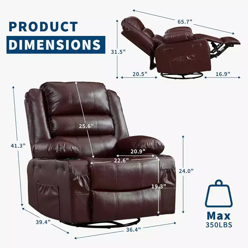 Fauteuil inclinable pivotant à 360° pour adultes, canapé-planeur manuel à bascule avec 3 positions, 2 porte-gobelets, 4 poches pour salon, chambre à coucher