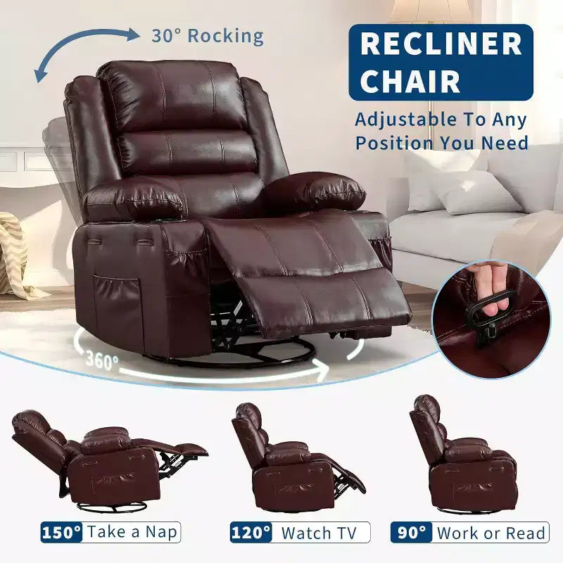 Fauteuil inclinable pivotant à 360° pour adultes, canapé-planeur manuel à bascule avec 3 positions, 2 porte-gobelets, 4 poches pour salon, chambre à coucher