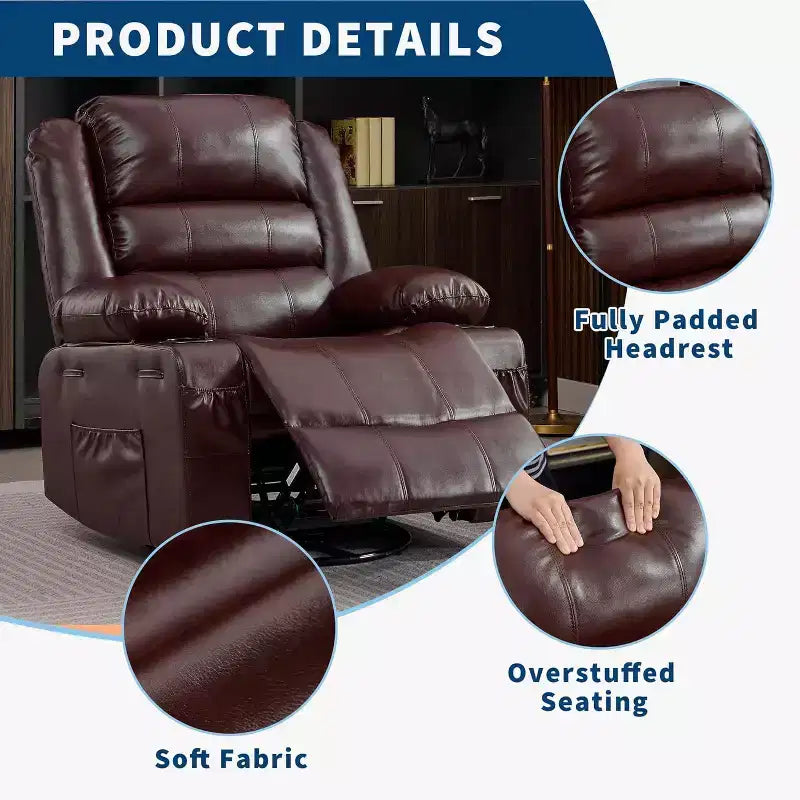 Fauteuil inclinable pivotant à 360° pour adultes, canapé-planeur manuel à bascule avec 3 positions, 2 porte-gobelets, 4 poches pour salon, chambre à coucher