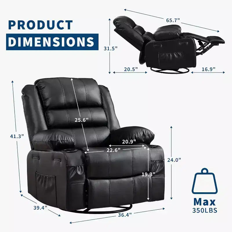 Fauteuil inclinable pivotant à 360° pour adultes, canapé-planeur manuel à bascule avec 3 positions, 2 porte-gobelets, 4 poches pour salon, chambre à coucher