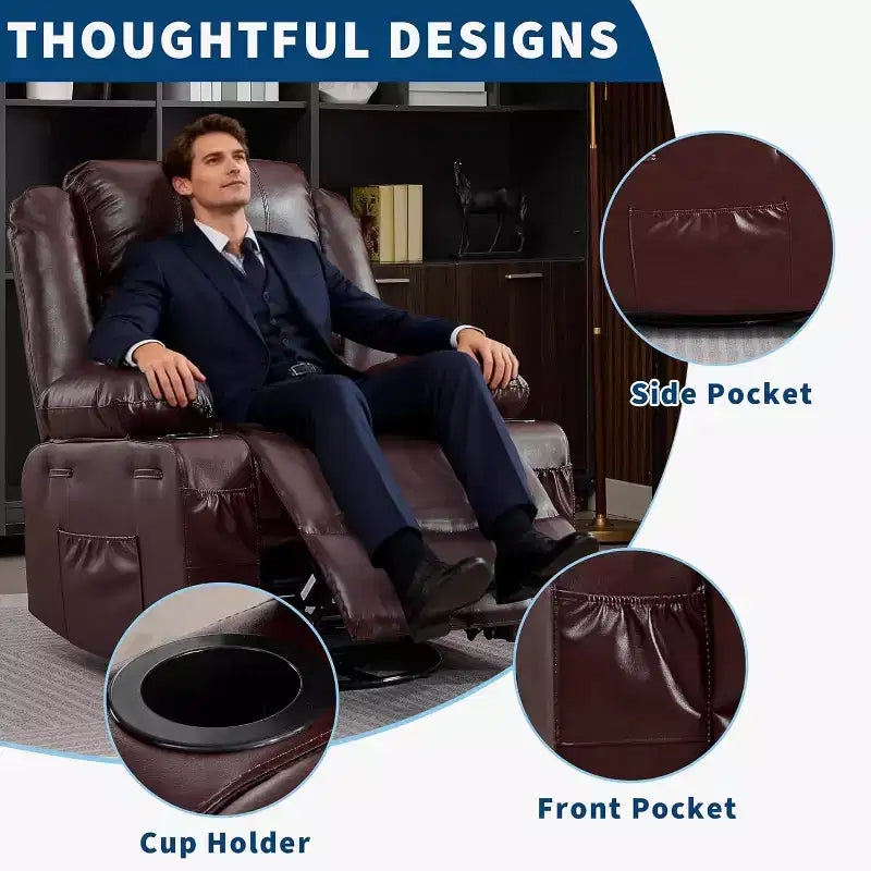 Fauteuil inclinable pivotant à 360° pour adultes, canapé-planeur manuel à bascule avec 3 positions, 2 porte-gobelets, 4 poches pour salon, chambre à coucher