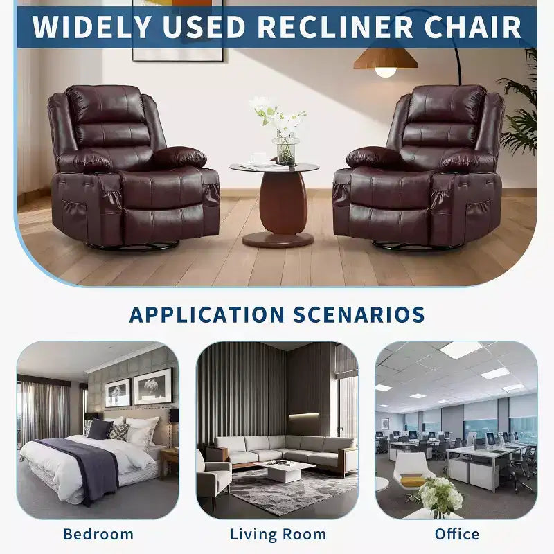 Fauteuil inclinable pivotant à 360° pour adultes, canapé-planeur manuel à bascule avec 3 positions, 2 porte-gobelets, 4 poches pour salon, chambre à coucher