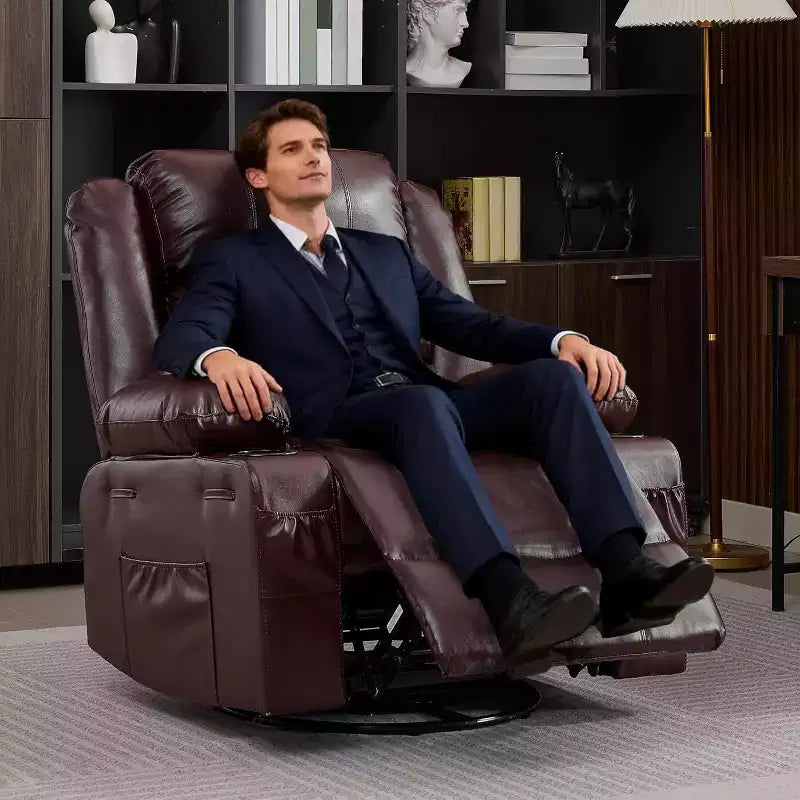 Fauteuil inclinable pivotant à 360° pour adultes, canapé-planeur manuel à bascule avec 3 positions, 2 porte-gobelets, 4 poches pour salon, chambre à coucher