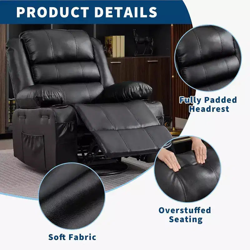 Fauteuil inclinable pivotant à 360° pour adultes, canapé-planeur manuel à bascule avec 3 positions, 2 porte-gobelets, 4 poches pour salon, chambre à coucher