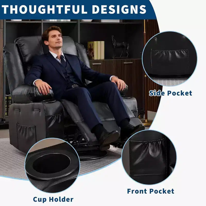 Fauteuil inclinable pivotant à 360° pour adultes, canapé-planeur manuel à bascule avec 3 positions, 2 porte-gobelets, 4 poches pour salon, chambre à coucher