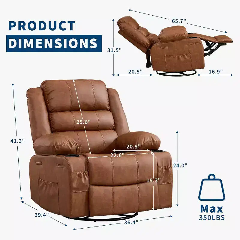 Fauteuil inclinable pivotant à 360° pour adultes, canapé-planeur manuel à bascule avec 3 positions, 2 porte-gobelets, 4 poches pour salon, chambre à coucher