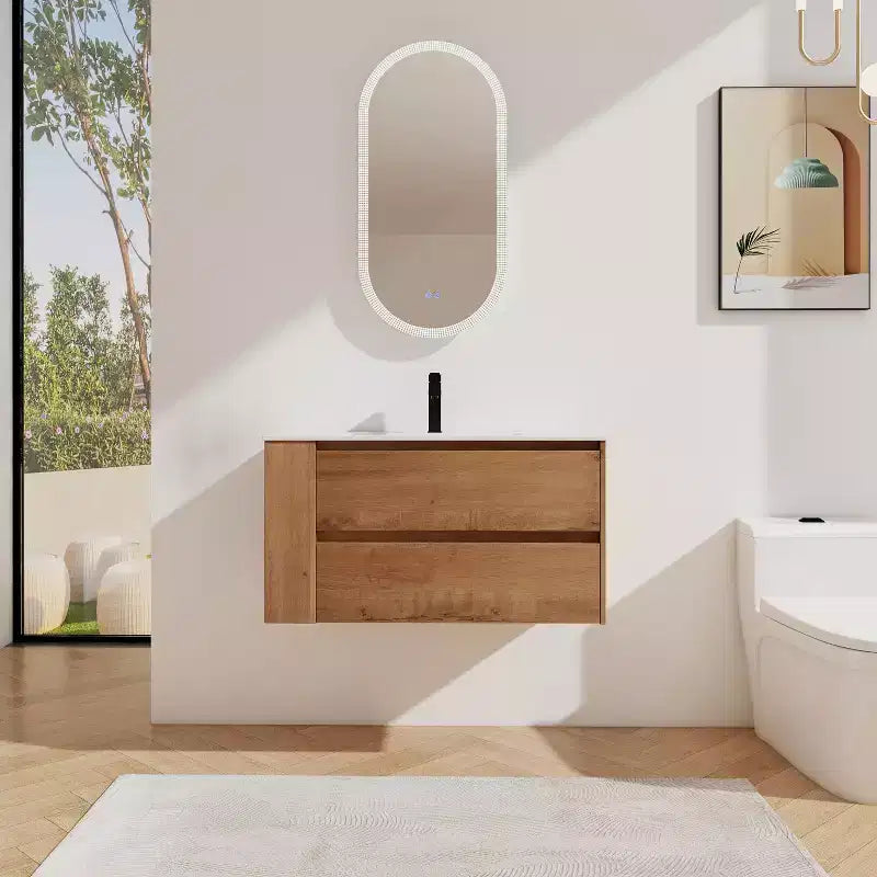 Meuble-lavabo flottant avec évier en céramique blanche, meuble-lavabo mural avec 2 tiroirs à fermeture douce et étagère de rangement ouverte