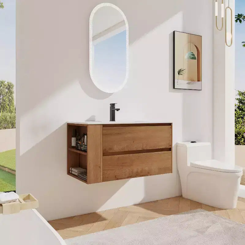 Meuble-lavabo flottant avec évier en céramique blanche, meuble-lavabo mural avec 2 tiroirs à fermeture douce et étagère de rangement ouverte