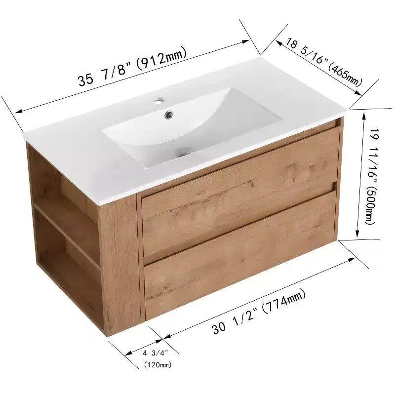 Meuble-lavabo flottant avec évier en céramique blanche, meuble-lavabo mural avec 2 tiroirs à fermeture douce et étagère de rangement ouverte