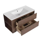 Meuble-lavabo flottant avec évier en céramique blanche, meuble-lavabo mural avec 2 tiroirs à fermeture douce et étagère de rangement ouverte