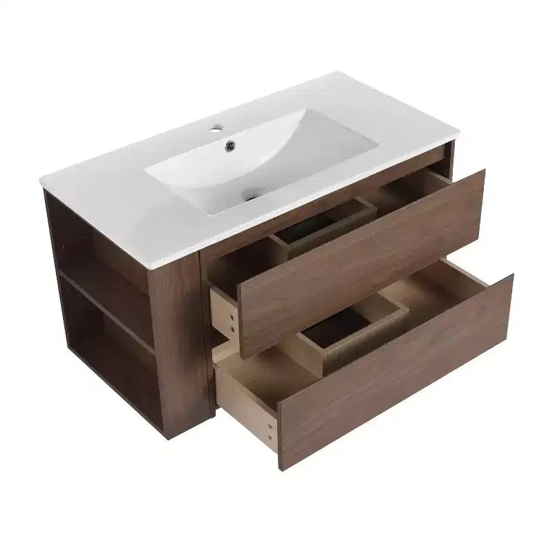Meuble-lavabo flottant avec évier en céramique blanche, meuble-lavabo mural avec 2 tiroirs à fermeture douce et étagère de rangement ouverte