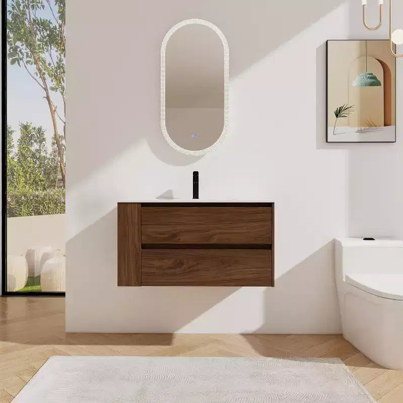 Meuble-lavabo flottant avec évier en céramique blanche, meuble-lavabo mural avec 2 tiroirs à fermeture douce et étagère de rangement ouverte