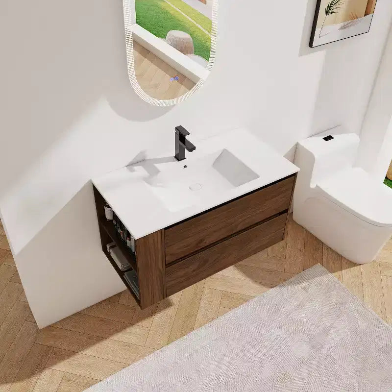 Meuble-lavabo flottant avec évier en céramique blanche, meuble-lavabo mural avec 2 tiroirs à fermeture douce et étagère de rangement ouverte