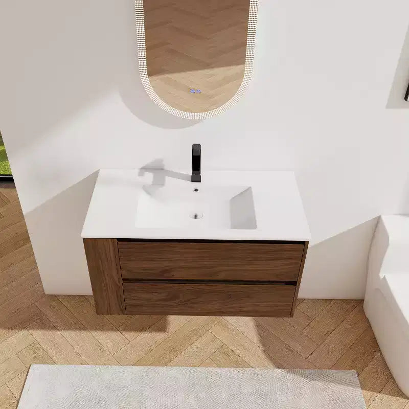 Meuble-lavabo flottant avec évier en céramique blanche, meuble-lavabo mural avec 2 tiroirs à fermeture douce et étagère de rangement ouverte