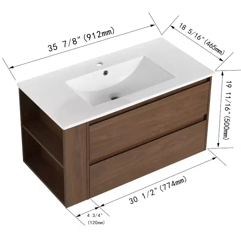 Meuble-lavabo flottant avec évier en céramique blanche, meuble-lavabo mural avec 2 tiroirs à fermeture douce et étagère de rangement ouverte