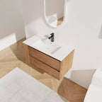 Meuble-lavabo flottant avec évier en céramique blanche, meuble-lavabo mural avec 2 tiroirs à fermeture douce et étagère de rangement ouverte