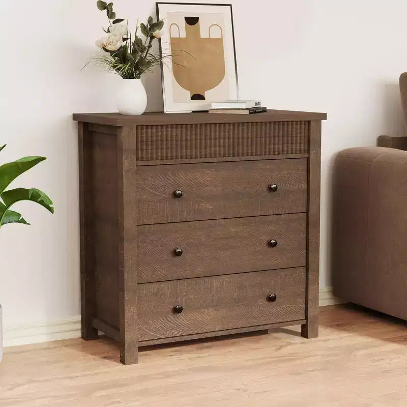 COZONY Commode Verticale 31.5W, Commode Haute en Bois Cannelé avec Tiroirs Coulissants Lisses, Commode à Tiroirs à Onde Unique
