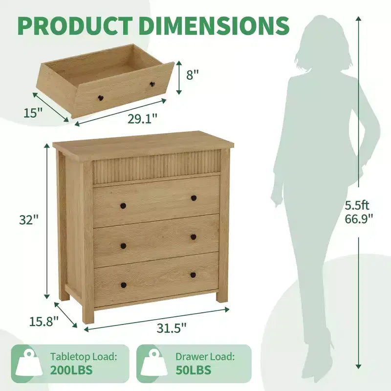 COZONY Commode Verticale 31.5W, Commode Haute en Bois Cannelé avec Tiroirs Coulissants Lisses, Commode à Tiroirs à Onde Unique