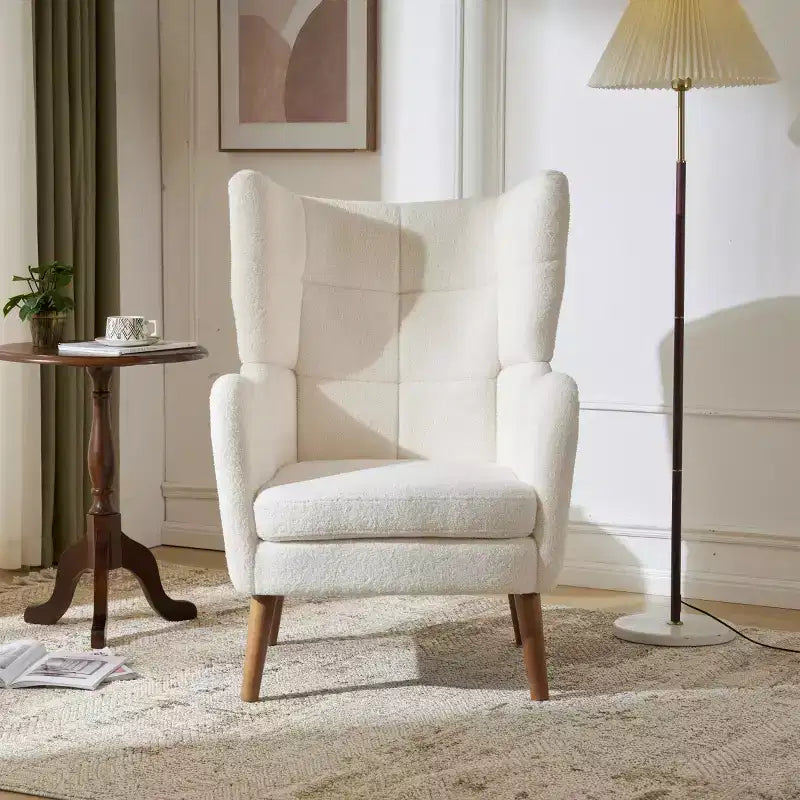 Fauteuil d'appoint moderne avec pieds en bois de bouleau, fauteuil de salon rembourré en tissu Teddy, fauteuil à dossier haut confortable pour chambre ou bureau-Panipeachy