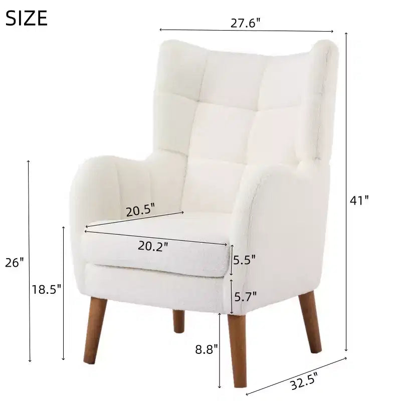 Fauteuil d'appoint moderne avec pieds en bois de bouleau, fauteuil de salon rembourré en tissu Teddy, fauteuil à dossier haut confortable pour chambre ou bureau-Panipeachy