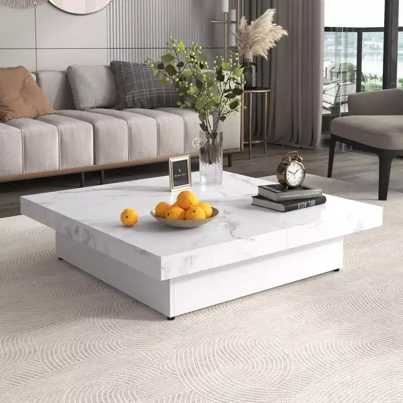 Table basse moderne à 2 niveaux avec roulettes, table basse carrée avec plateau amovible, table basse de salon avec design marbre brillant UV