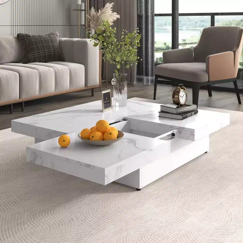 Table basse moderne à 2 niveaux avec roulettes, table basse carrée avec plateau amovible, table basse de salon avec design marbre brillant UV