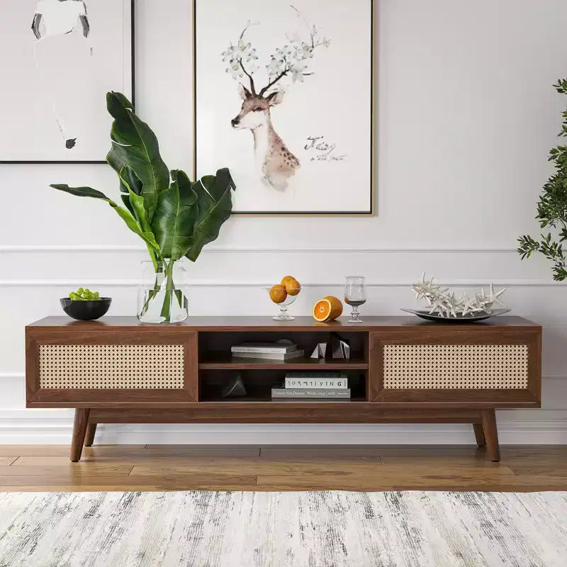 GDFStudio Chihiro 65 Farmhouse Wooden and Rattan TV Stand with Cable Management and Storage