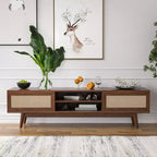 GDFStudio Chihiro 65 Farmhouse Wooden and Rattan TV Stand with Cable Management and Storage