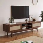 Meuble TV GDFStudio Chihiro 65 de style Ferme en Bois et Rotin avec Gestion de Câbles et Rangement