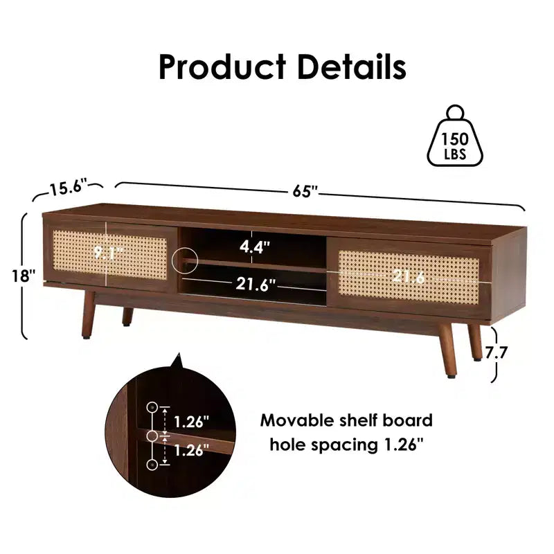 Meuble TV GDFStudio Chihiro 65 de style Ferme en Bois et Rotin avec Gestion de Câbles et Rangement