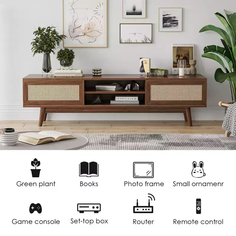 Meuble TV GDFStudio Chihiro 65 de style Ferme en Bois et Rotin avec Gestion de Câbles et Rangement