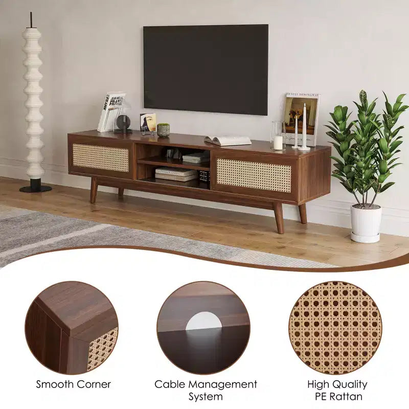 Meuble TV GDFStudio Chihiro 65 de style Ferme en Bois et Rotin avec Gestion de Câbles et Rangement