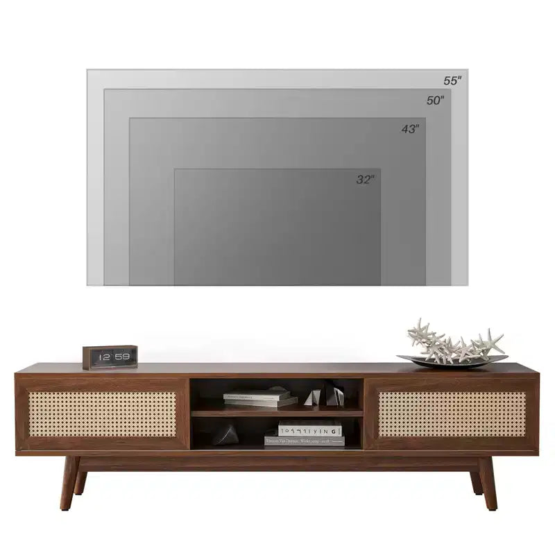 Meuble TV GDFStudio Chihiro 65 de style Ferme en Bois et Rotin avec Gestion de Câbles et Rangement
