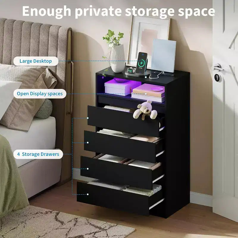 Commode noire Acekool à 4 tiroirs, Organiseur de rangement moderne pour chambre, salon, entrée