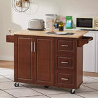 FAMYYT Brown Drop Leaf Wood Top 54 in. Kitchen Island Cart with 3 Drawers Locking Casters and Storage Shelves